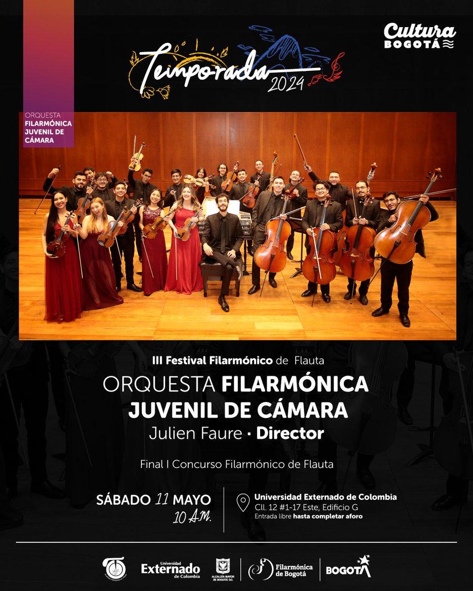 Mañana, la Orquesta Filarmónica Juvenil de Cámara estará presente en el III Festival de Flauta con un concierto imperdible en el auditorio de la Universidad del Externado, ¡y la entrada es libre! Ven y disfruta de la música en el corazón de la ciudad, en el centro. ¡Te esperamos!