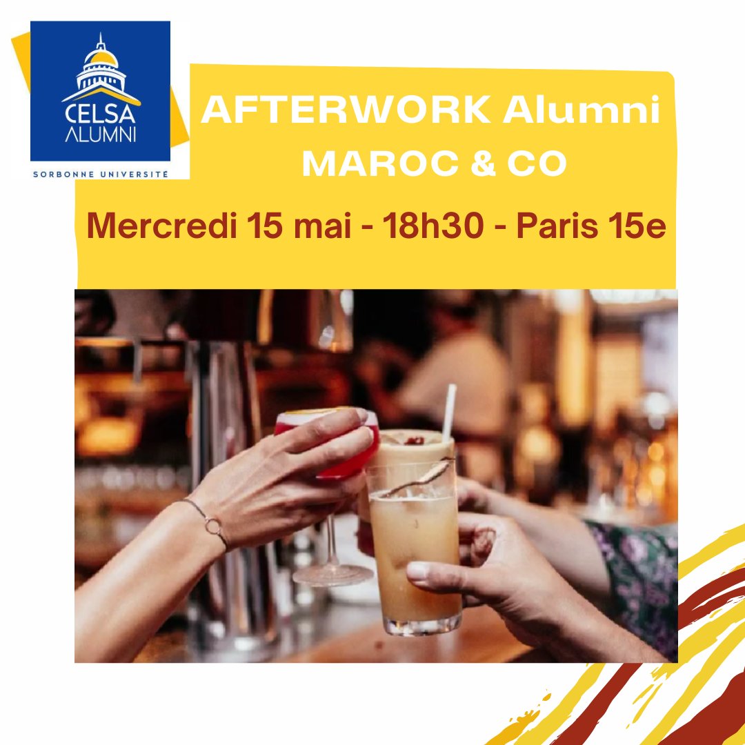 📅 La communauté MAROC&CO du #CELSAalumni organise un afterwork le 15 mai à partir de 18h30 au Dima, Paris 15e. Vous êtes étudiant(e) ou vous avez étudié au #CELSA et êtes intéressé(e) par le monde arabe ? Rejoignez notre communauté dynamique ! ▶️ celsa-alumni.com/fr/event/la-co…