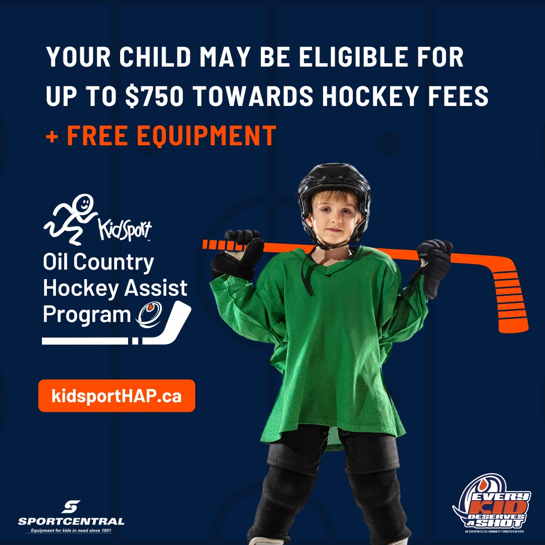 The KidSport Oil Country Hockey Assist Program is BACK! Worried about how expensive hockey is? You could be eligible for up to $750 towards registration fees PLUS free equipment from @SportCentral_AB Full details: kidsportHAP.ca #SoALLKidsCanPlay #EveryKidDeservesAShot