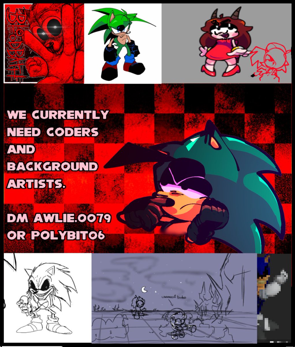 Hiii friends since Jade posted about it I will too

Excom team needs help

We're short on coders, and bg artists

If you guys wanna help out you can send examples either here or the discord tags in the image, and if you can't, boost

#sonicexefnf #fridaynightfunkin #sonicexe #FNF