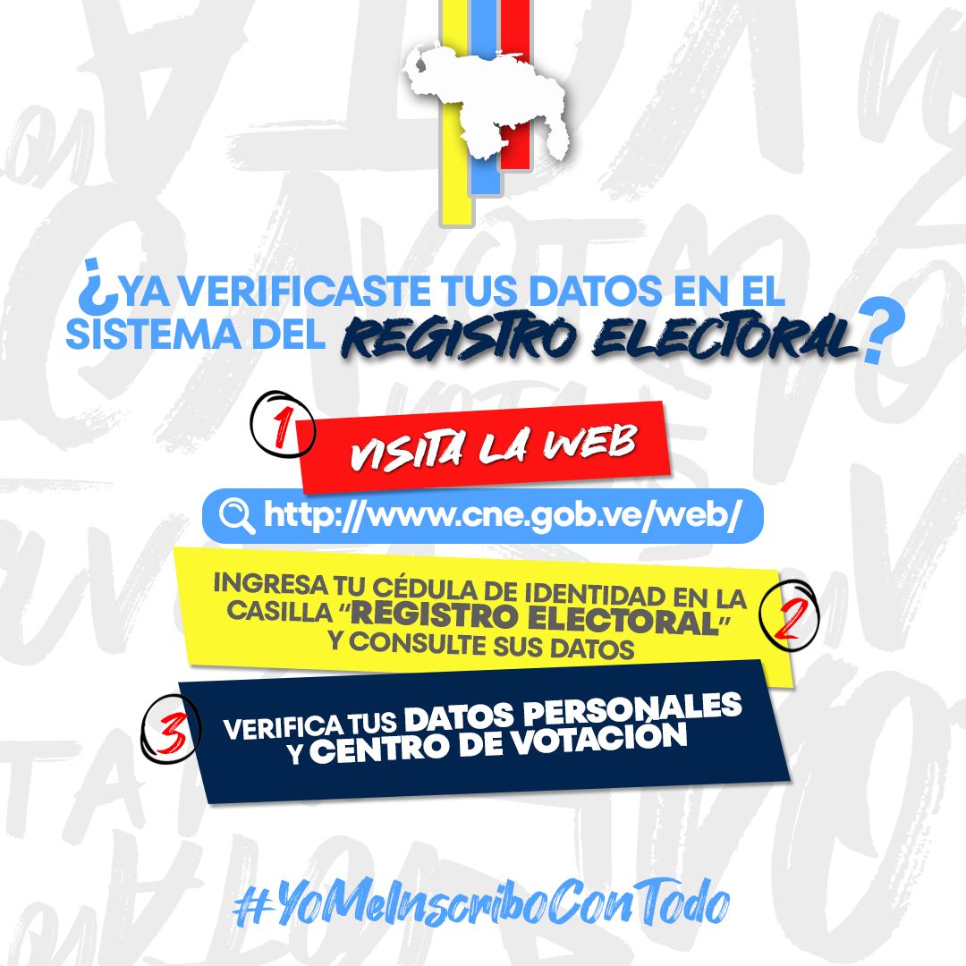 👀¡Revisa tus datos en el #RegistroElectoral!

Quedan 4️⃣días para poder presentar el reclamo #YoMeInscriboConTodo

🗣La participación de todos los venezolanos, el próximo #28Jul es importante.
¡Verifica tus datos en el #RegistroElectoral!
#YoMeInscriboConTodo