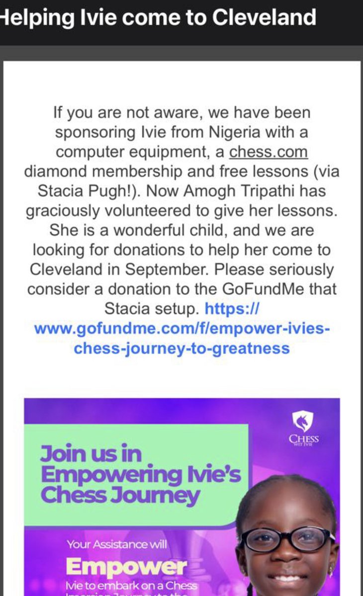 Hello everyone! Time for the journey is almost here, and we’re still trying to raise some funds. A little donation you can make will go a long way. Kindly support by clicking on the link gofund.me/f21a113c. ⁦@StaciaMelinda⁩ ⁦@thegiftofchess⁩