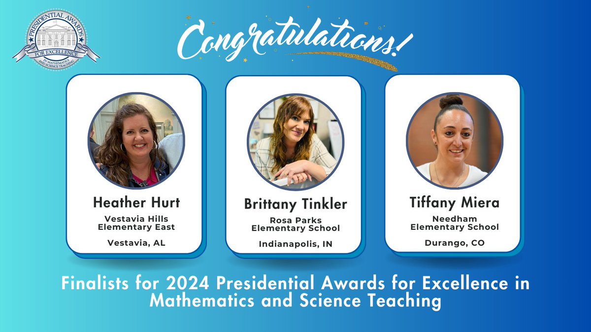 Three #MilkenAward educators are finalists for the 2024 Presidential Awards for Excellence in Mathematics and Science Teaching (#PAEMST)! Congratulations to Heather Hurt (AL ’18), Brittany Tinkler (IN ’22), and Tiffany Miera (CO ’22) on this incredible accomplishment.