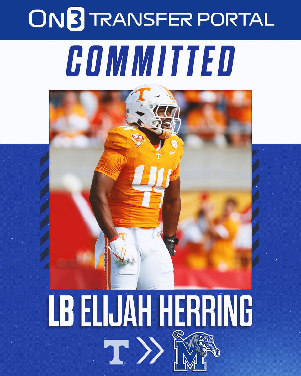 BREAKING: Tennessee transfer LB Elijah Herring has committed to Memphis🐅 Herring was the leading tackler (79) for the Vols this past season. on3.com/news/tennessee…