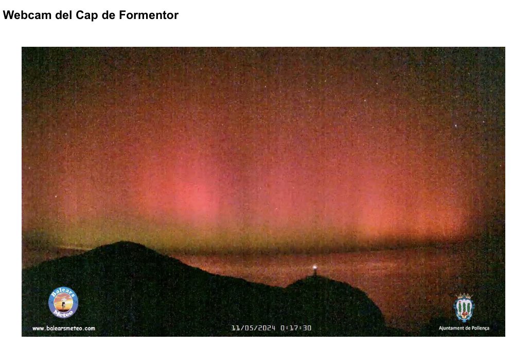 La webcam de Formentor, #Mallorca, capta a estas horas una espectacular aurora boreal. Se trata de un evento excepcional a estas latitudes! 
balearsmeteo.com/formentor/webc…