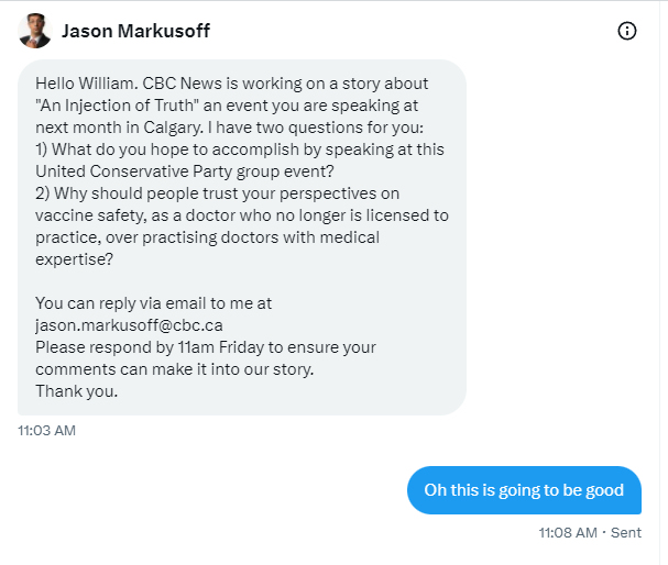 I've been asked to speak at @Alberta_UCP event in June 

with @JesslovesMJK @CShoemakerMD @DJSpeicher, Dr.Bridle, Dr.Payne

CBC reached out to me for a comment, in an inappropriate manner

My response to CBC reporter @markusoff

@ABDanielleSmith @AdrianaLaGrange
#ableg #abhealth