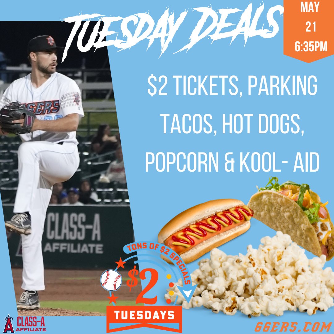 Get ready for an amazing Tuesday treat at San Manuel Stadium! Join us on May 21st for unbeatable deals on some of your favorite ballpark treats and a fun-filled evening of baseball Enjoy: $2 Popcorn 🍿 $2 Tacos 🌮 $2 Hotdogs 🌭 $2 Kool-Aid 🥤 $2 Tickets 🎟️ $2 Parking