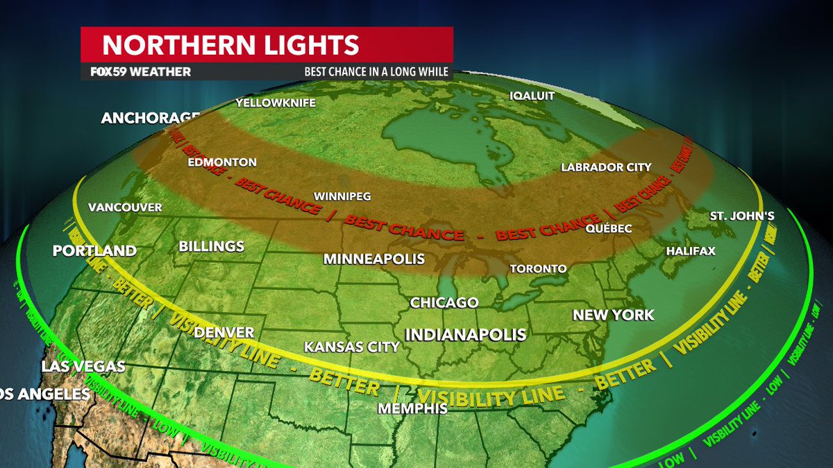 Seeing the #NorthernLights here is difficult but the magnitude of the solar storm affords the best chance in two decades as far south as southern Indiana. Peak of storm would make lights possible after 10pm (height 1am to 5am) and before sunrise. One problem clouds #INwx