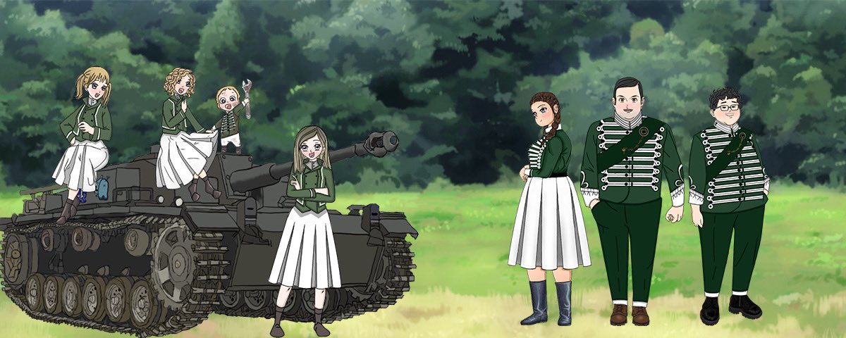 DaCabbageManCan's tweet photo. Shoutout to @samm_gfx for this Awesome, Girls Und Panzer and Sharpe inspired Art of my Family! Everyone! Onion, Riles McGuiles, Fi Fi, Hobo Joe (With the correct amount of dirt on him), My Wife Potter, my brother Koyote, and me. She Really Captured Koyote BTW. Sam is a very talented artist who I have worked with before and consider a friend. You should definitely check her out. I look forward to working with her in the future.