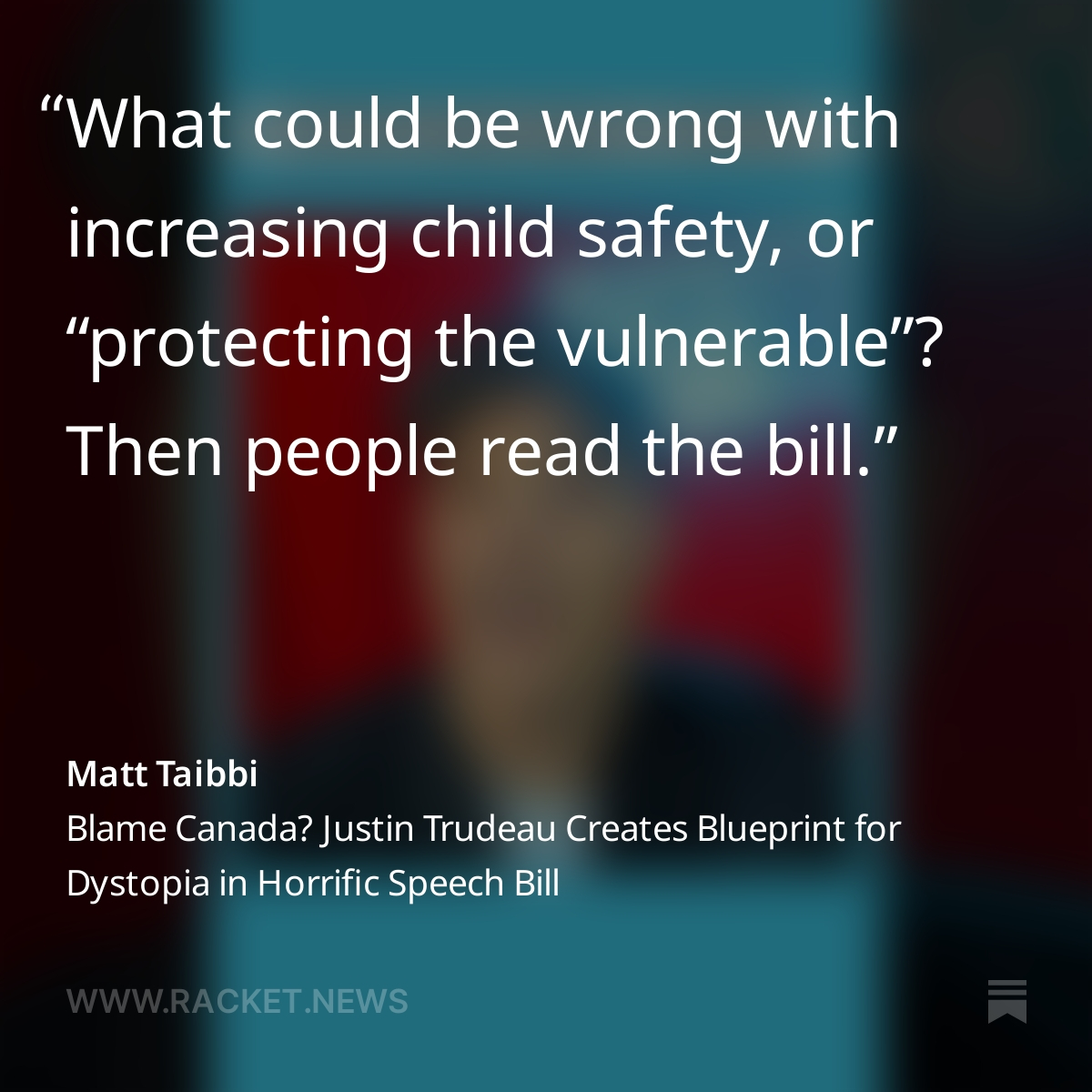 To summarize Taibbi, the Online Harms Act creates transformational new procedures such as enlisting  Canadians in a social monitoring system that rewards hate informants, includes criminal penalties for hate speech and jail time for retroactive or future hate offenses, and it can…