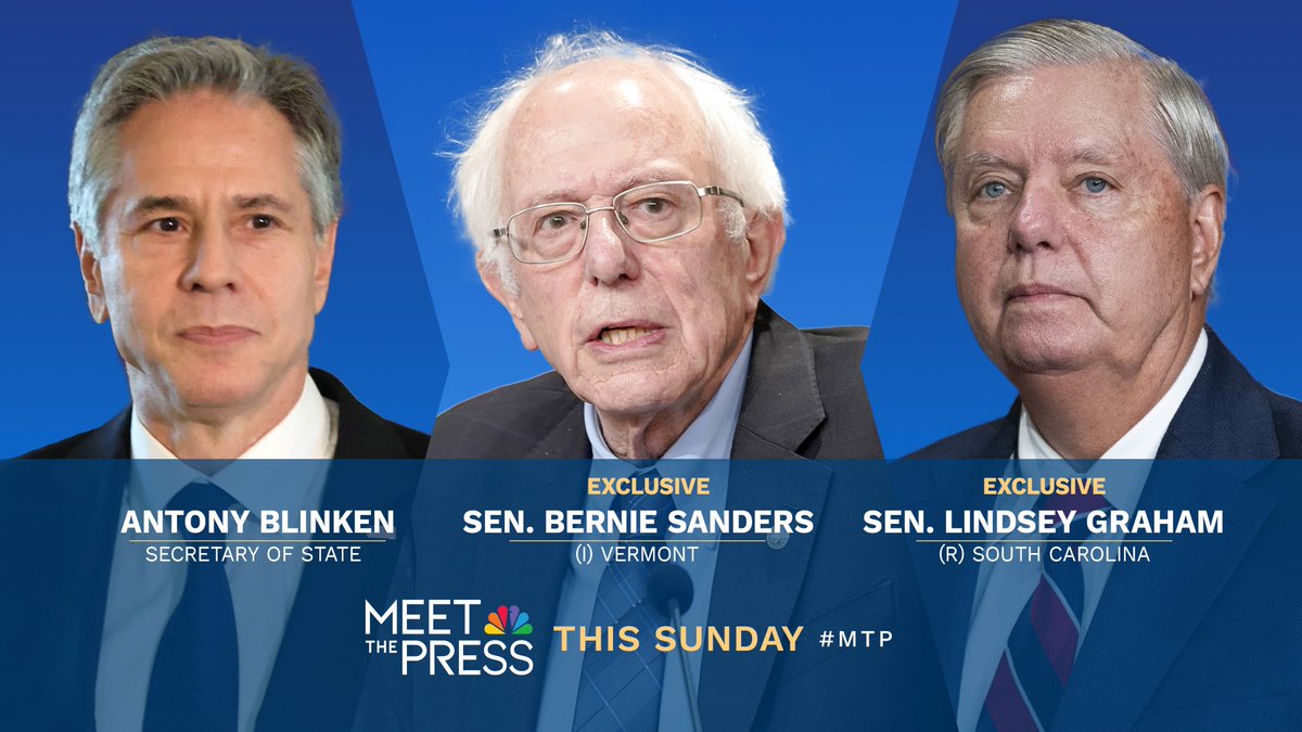 This Sunday on @meetthepress, I’ll talk to U.S. Secretary of State @SecBlinken about the latest in the Israel-Hamas war. Plus, my exclusive conversations with Sen. @BernieSanders (I-Vt.), and Sen. @LindseyGrahamSC (R-S.C.). Tune in to NBC! # MTP