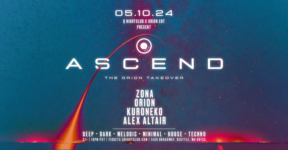 Prepare for liftoff & dance into the beyond at #Ascend, TONIGHT, with @officialzona_, Orion, @KURONEKOisyasu, and Alex Altair! 🚀🎶🪩 See you on the dance floor 👽 🎫 tinyurl.com/53we69zk
