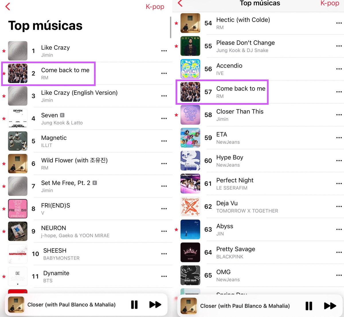 Hello @bts_bighit @BIGHIT_MUSIC @GeffenRecords There are two covers of 'Come back to me' of RM that appear separately on the @AppleMusic charts, despite being the same song. This directly harms the artist's performance on the charts. Solve the problem as quickly as possible.