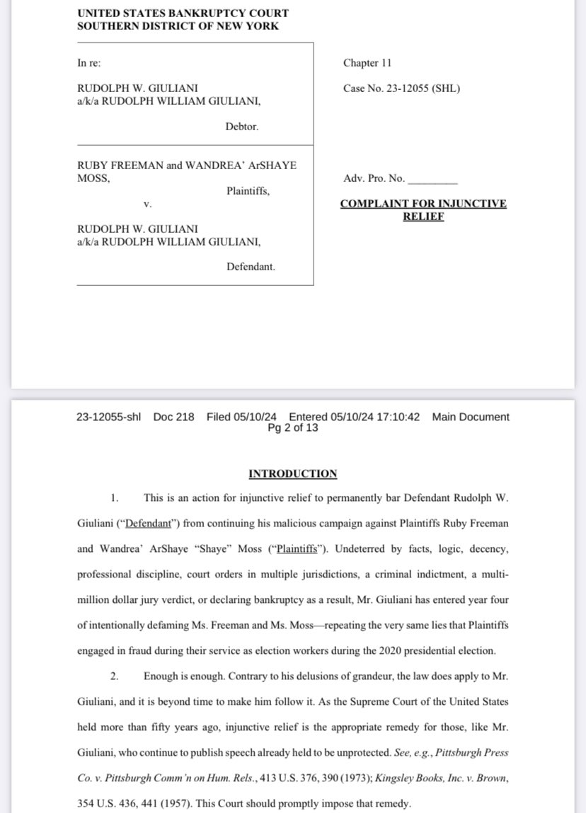 JUST IN: Georgia election workers Ruby Freeman and Shaye Moss are asking a federal bankruptcy judge to enjoin Rudy Giuliani from continuing to defame them. storage.courtlistener.com/recap/gov.usco…