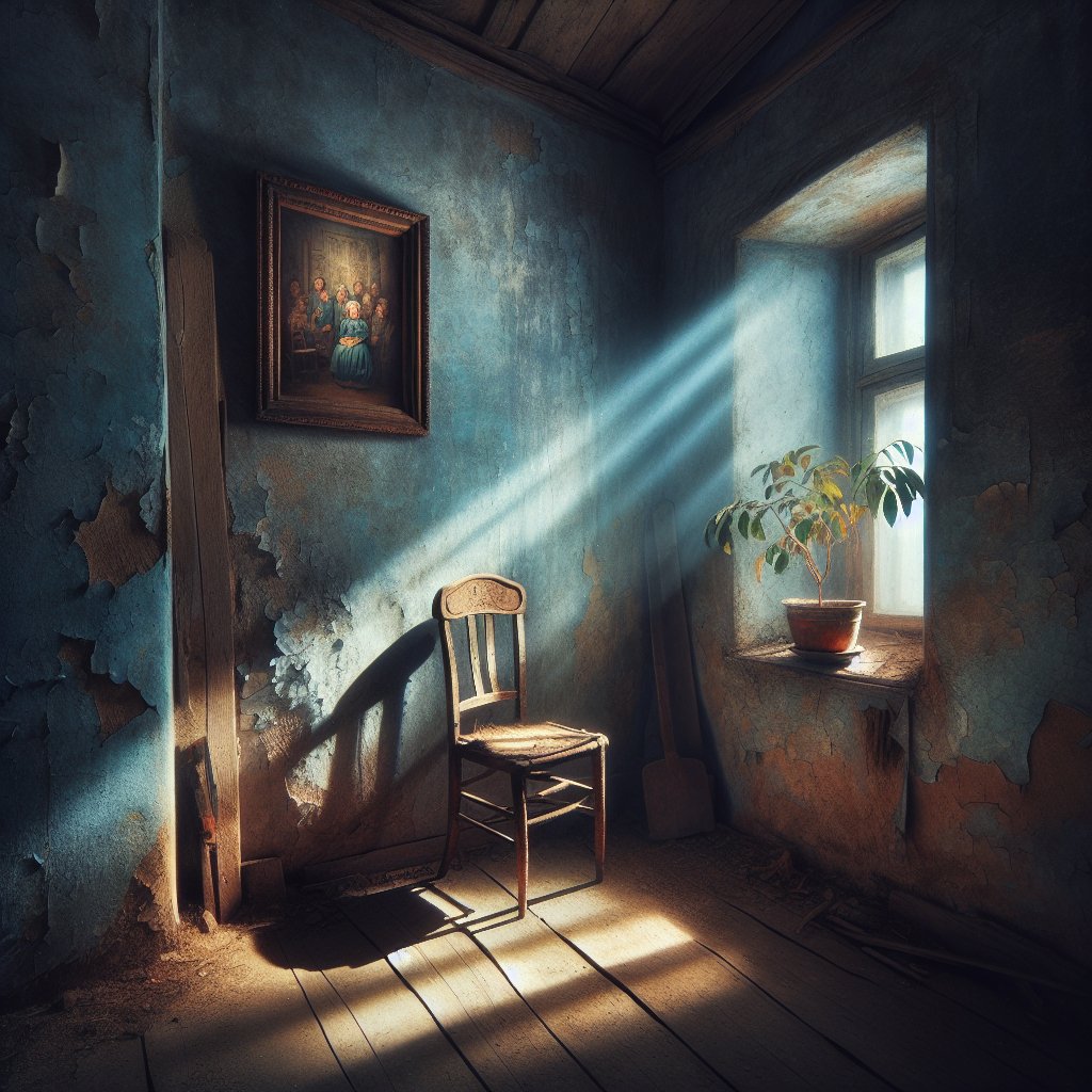 'A lone, antique wooden chair sits in the middle of an empty room, illuminated only by a single beam of moonlight seeping through a small, high window. The walls are painted with a faded blue, whispering stories of happier times. A
#AIArt #AI #chatgpt4 #dalle3 #OpenAi #AIFeelings