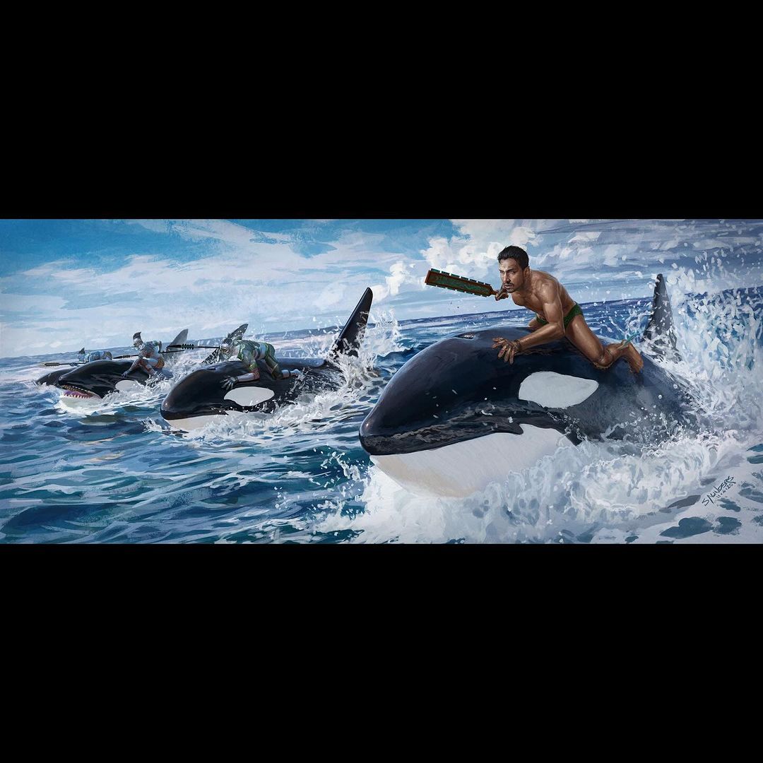 More concept art for #Namor and the Talokanil, riding orcas, in Black Panther: #WakandaForever by Phil Saunders.

#TenochHuerta #Marvel