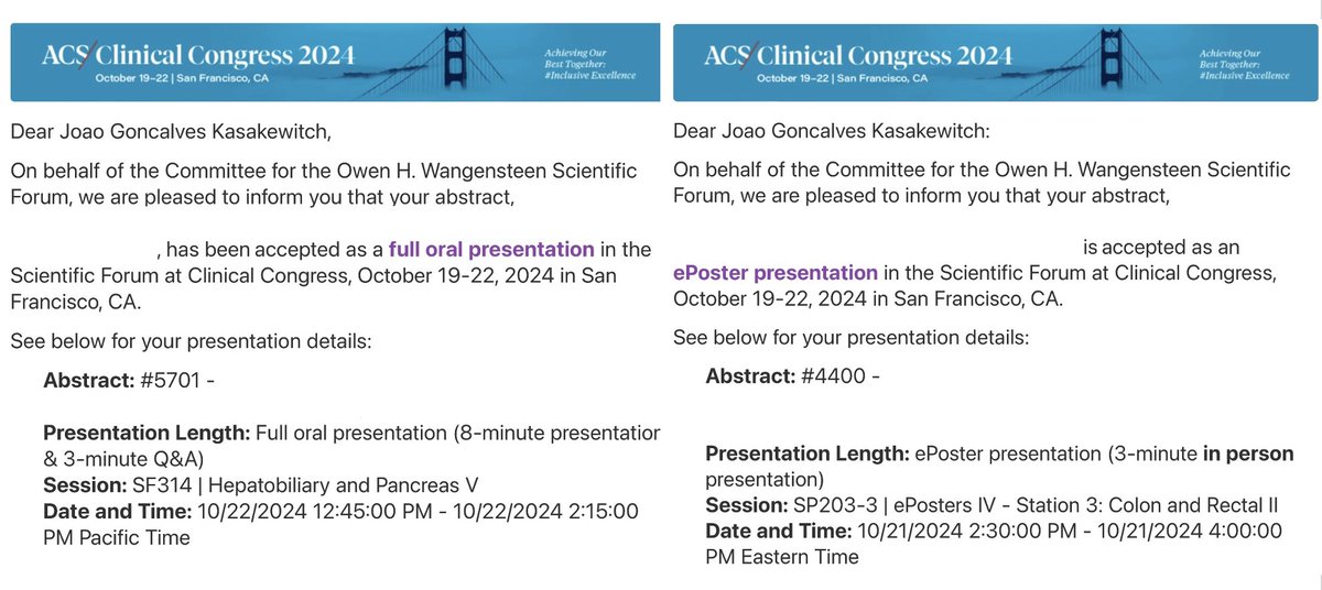 Thrilled to share that my work has been accepted for both a full oral presentation and an ePoster! Immense gratitude to my mentors for their guidance and to my peers. See you all in San Francisco! PS: Titles under wraps to keep the surprise intact! 🌉 #ACSCC24 #MedX #SoMe4Surgery