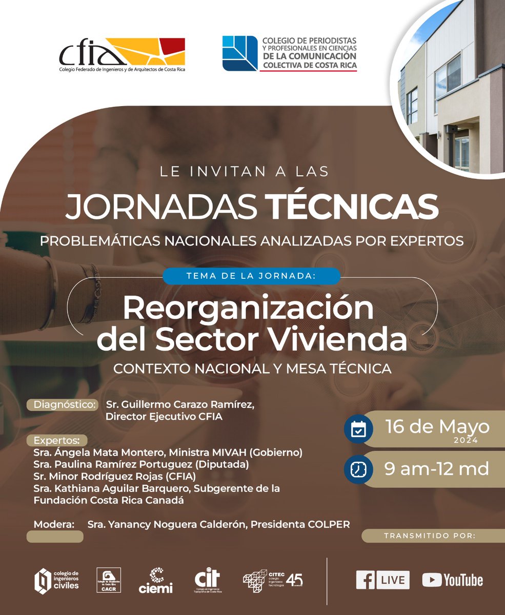 ¡El jueves 16 de mayo en las #JornadasTécnicas del #Colper y el Colegio Federado de Ingenieros y de Arquitectos de Costa Rica analizaremos la Reorganización del Sector Vivienda! @CFIACR