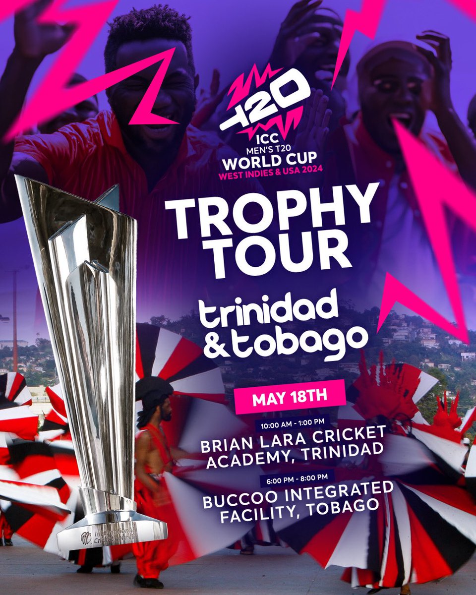 Get ready for an unforgettable cricketing extravaganza in Trinidad! 🇹🇹🏏 The ICC Men’s T20 World Cup Trophy Tour is coming to the Brian Lara Cricket Academy on May 18th, and you’re invited to be a part of the excitement. #visitTrinidad #t20worldcup