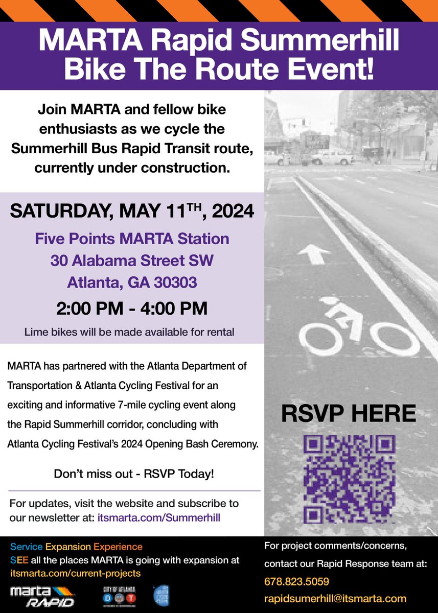 Join us tomorrow for a 7-mile tour along the @MARTAtransit Summerhill BRT route from 2-4PM. Sign-in begins at 1:30PM at Five Points Station. Lime bike rentals are available upon RSVP. Reserve your spot at bit.ly/4bss3QW. 🚲 #NationalBikeMonth #AtlantaCyclingFestival