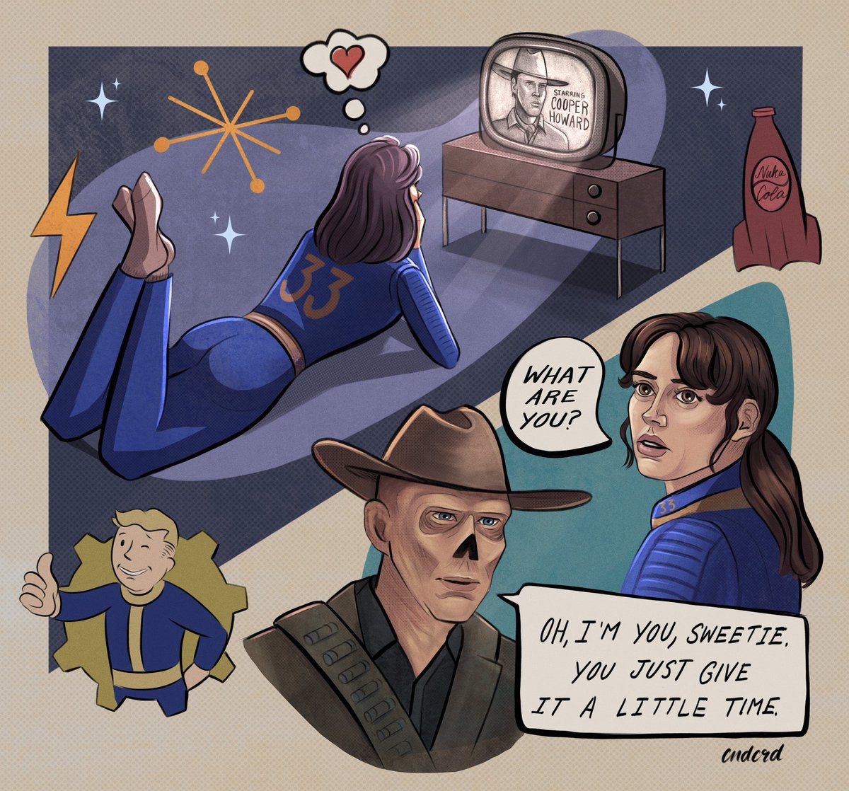 “Oh, I’m you, sweetie. You just give it a little time.” #FalloutOnPrime #fallout #lucymaclean #theghoul #cooperhoward #ghoulcy