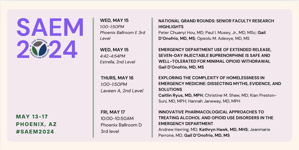 #SAEM2024 kicks off today in #Phoenix! Catch @Yale_EM's @DonofrioGail, @kathryn_hawk, and @CaitlinRyus presenting their work.