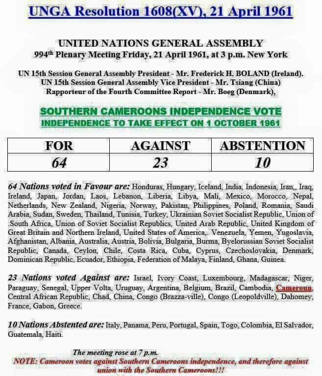 As noted below, on 4/21/61, the UNGA voted for #SouthernCameroons' independence by #Res1608XV. Sadly, that country is now recolonized by #France & #FrenchCamerounRepublic with no treaty of union. #FreeSouthernCameroons, @freeKansascity3,@UN @unsc,@USAmbUN, @_AfricanUnion, @POTUS