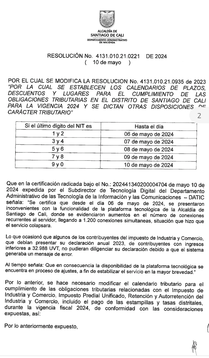 VYVAC_SAS's tweet photo. Alcaldía de Cali expidió hoy la Resolución No.4131.010.21.0221 con las nuevas fechas para la presentación de la declaración anual de ICA, lo anterior debido a los inconvenientes presentados en la funcionalidad de la plataforma tecnológica de la entidad desde el pasado 6 de mayo. https://t.co/dVyb8uyrKf