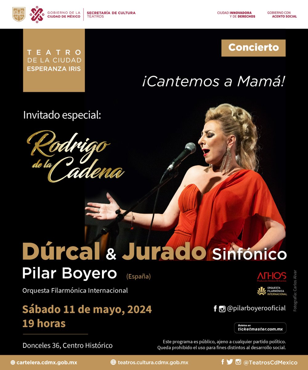 Acompáñanos hoy en el concierto #CantemosAMamá con Pilar Boyero y @RodrigoDLCadena como invitado especial en el #TeatroDeLaCiudad.

Sigue celebrando a las madres en este maravilloso concierto. ¡🎟Boletos en taquilla!
*Anticipa tu llegada ya que habrá cortes viales.