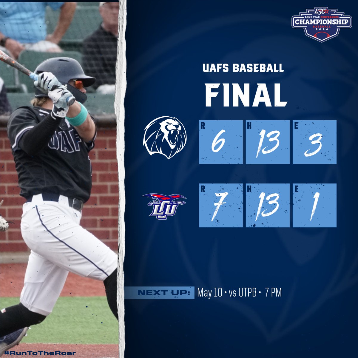 FINAL Lions put the tying and go-ahead run on base in the ninth but fall to Lubbock Christian, 7-6. UAFS will play UTPB in an elimination game at 7 p.m.