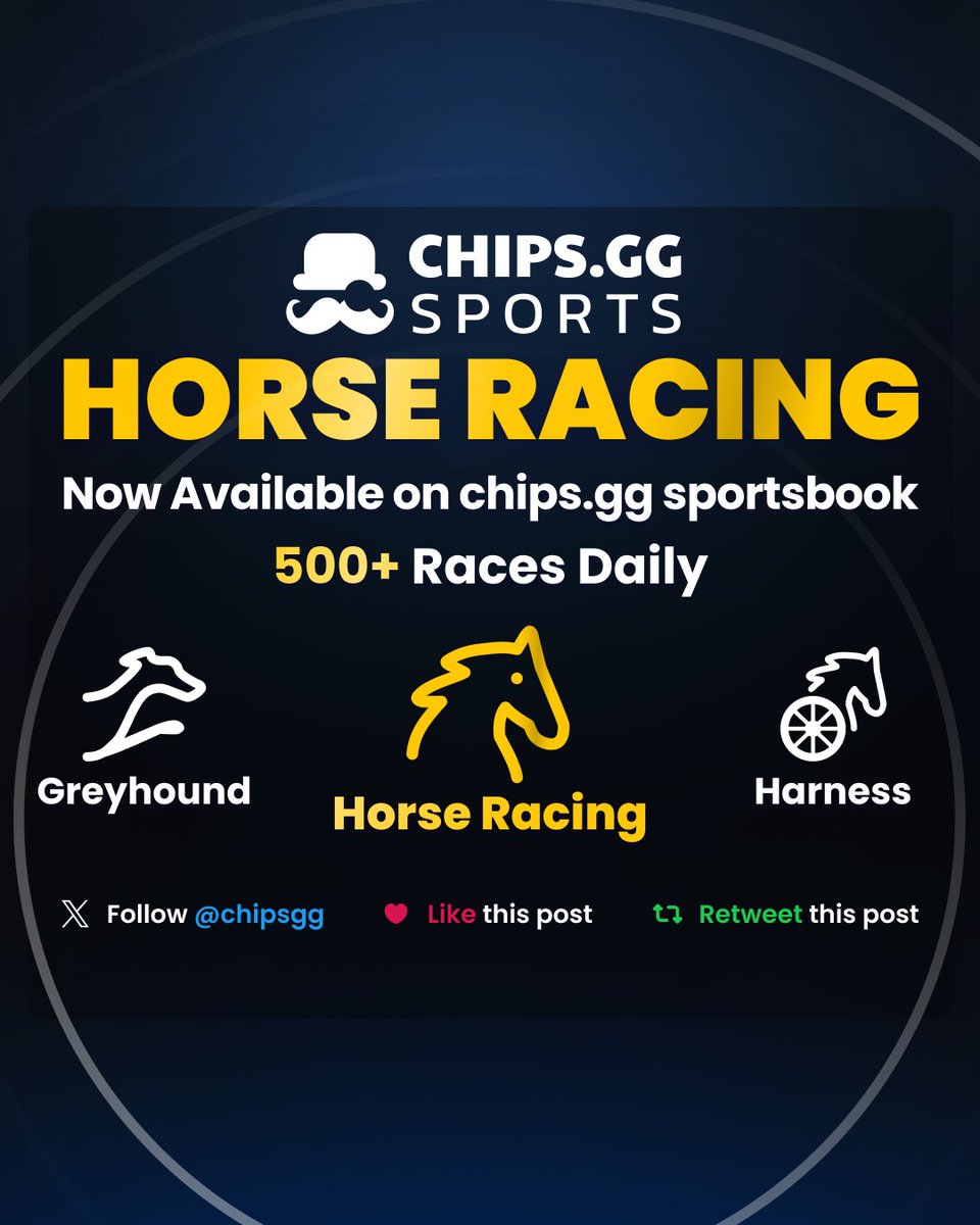 Chips Sportsbook has just added Horse Racing!🏇 We have on average over 500+ Races Daily and 1,500+ Touraments 🏆 We are giving away over $100+ to celebrate so come join us at the track! 🏇 Follow + Like + RT + Reply a gif of your favorite horse! 👇