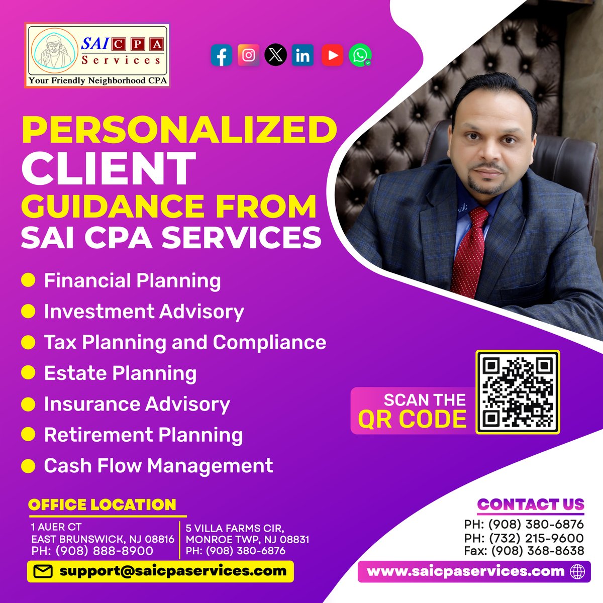 Tailored financial guidance for you : SAI CPA SERVICES
Contact Us: saicpaservices.com
(908) 380-6876
#FinancialPlanning #InvestmentAdvice #TaxCompliance #EstatePlanning #Insurance #RetirementPlanning #CashFlowManagement #SaiCPAServices