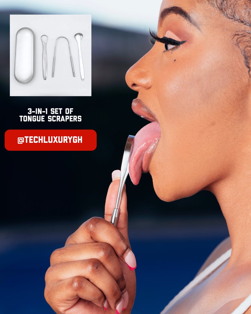 TechLuxuryGH's tweet image. High Quality Medical Grade Stainless Steel 3-in-1 Tongue Scraper With Travel Case
===========
GH¢ 100
===========
Scraping the tongue helps remove build-up of plaque, toxins and bacteria which helps to eliminate bad breath.
===========
DM or WhatsApp 055 837 9913 to Order