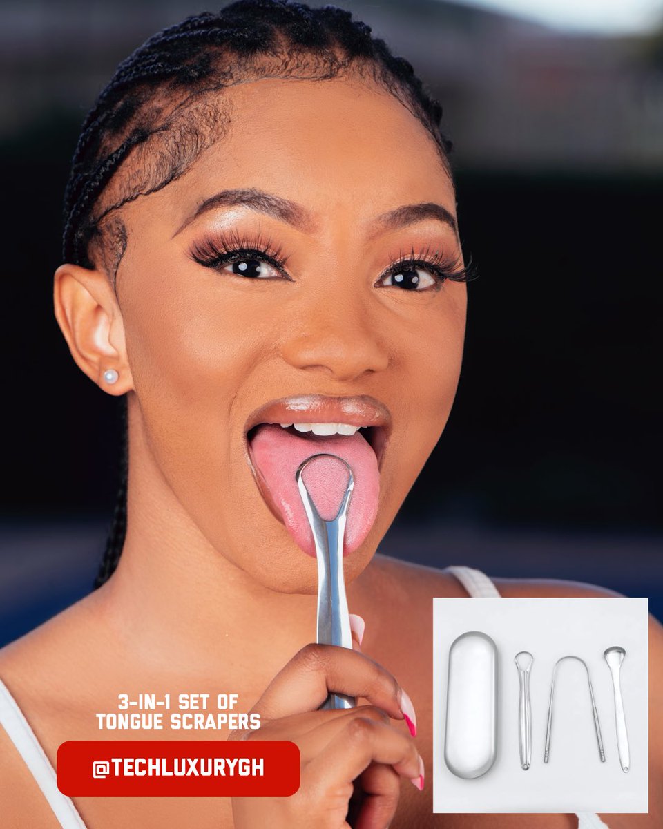 TechLuxuryGH's tweet image. High Quality Medical Grade Stainless Steel 3-in-1 Tongue Scraper With Travel Case
===========
GH¢ 100
===========
Scraping the tongue helps remove build-up of plaque, toxins and bacteria which helps to eliminate bad breath.
===========
DM or WhatsApp 055 837 9913 to Order