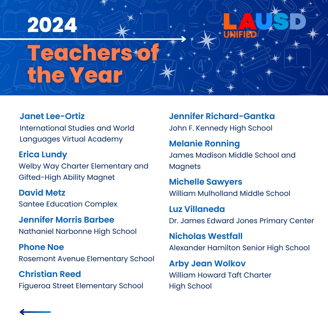 Congratulations to our exceptional @laschools teachers of the year! These 24 educators exemplify remarkable dedication and innovation, making a lasting impact on our students' lives. Let's celebrate their achievements and positive influence on education in our community. #TOY2024
