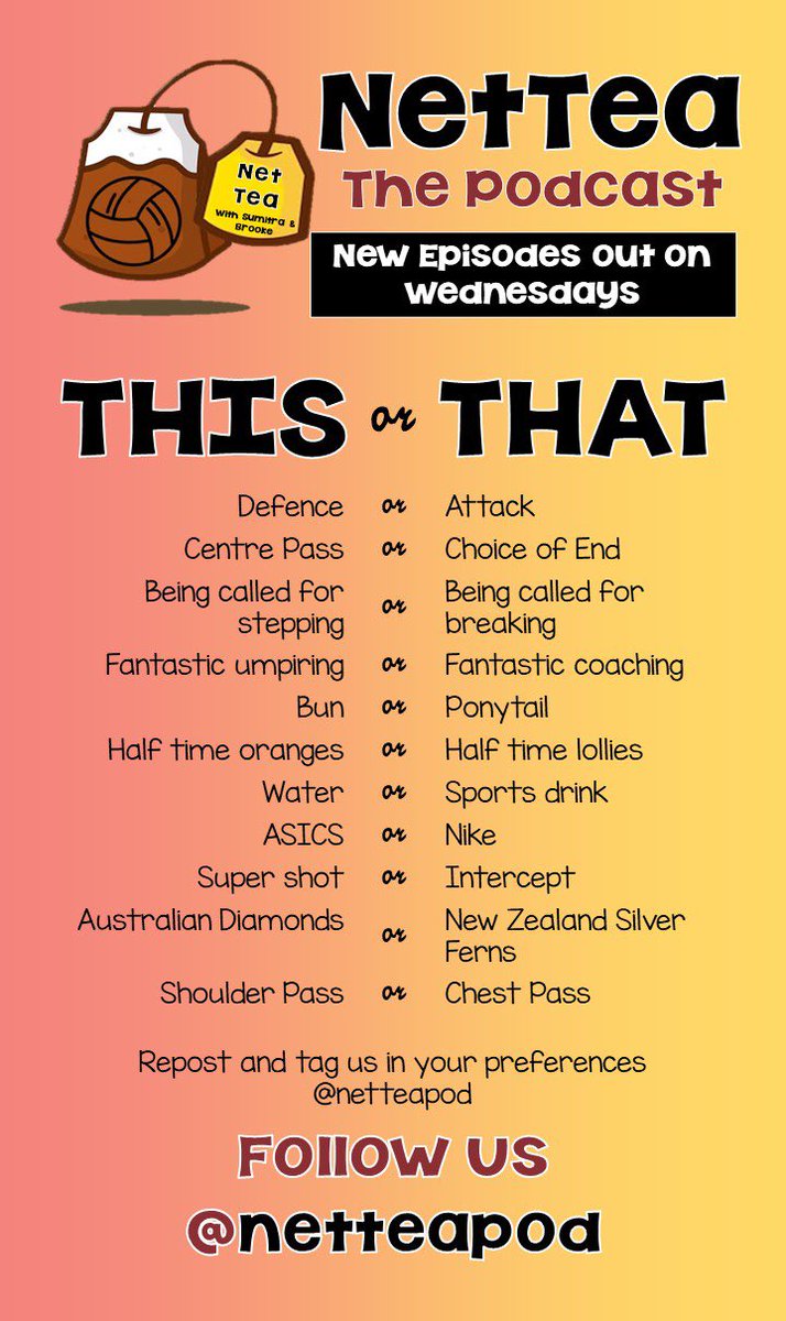 This week we’ve got a #netball This or That! 
Let us know what you’d choose 🩷💛

#netteapod #thisorthat