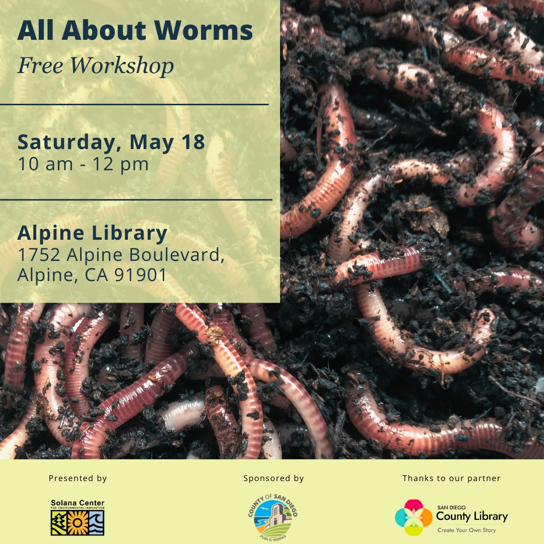 RecycleSDCo's tweet photo. Join us for the All About Worms Workshop on Saturday, May 18th from 10 a.m. to 12 p.m. at the Alpine Library. There, you'll learn which bin is right for you and how to properly care for your worms. Learn more and register at   https://t.co/GuuzoHAGd4.
#compost #SanDiego https://t.co/SBlCnlJTCU