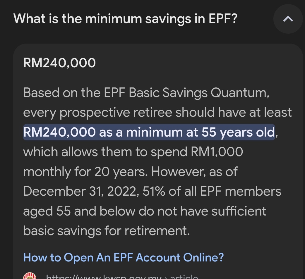 @pelisahh Tunjuk statistik EPF sis. Kajian menunjukkan 3 tahun duit EPF tu boleh habis. 

RM1K seperti do screenshot ni jika tinggal di kampung, duk diam-diam mungkin boleh survive RM240K untuk 20 tahun.