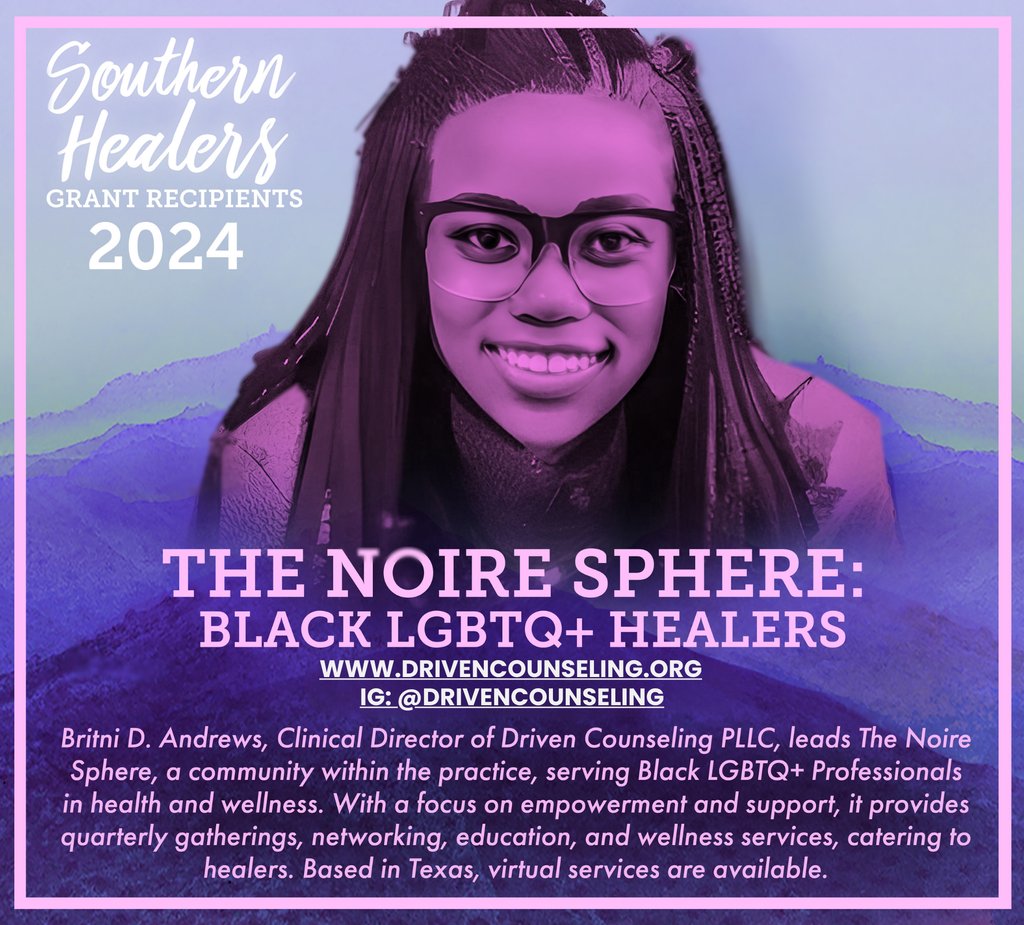 We are excited to introduce you to 2024 Southern Healers Grant recipient Britini D. Andrews. Britini will be using grant funds for her project 'The Noire Sphere: Black LGBTQ+ Healers', a community serving Black LGBTQ+ professionals in the wellness field. southernequality.org/healing-and-re…