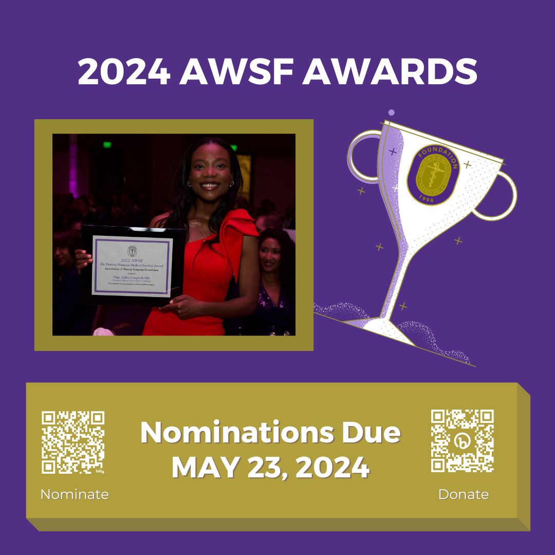 Have you submitted nominations for the 2024 AWSF Awards? You have less than 2 weeks left to nominate a deserving surgeon, surgeon-in-training, or supporter whose character and accomplishments reflect the mission of the AWS. womensurgeons.org/awards