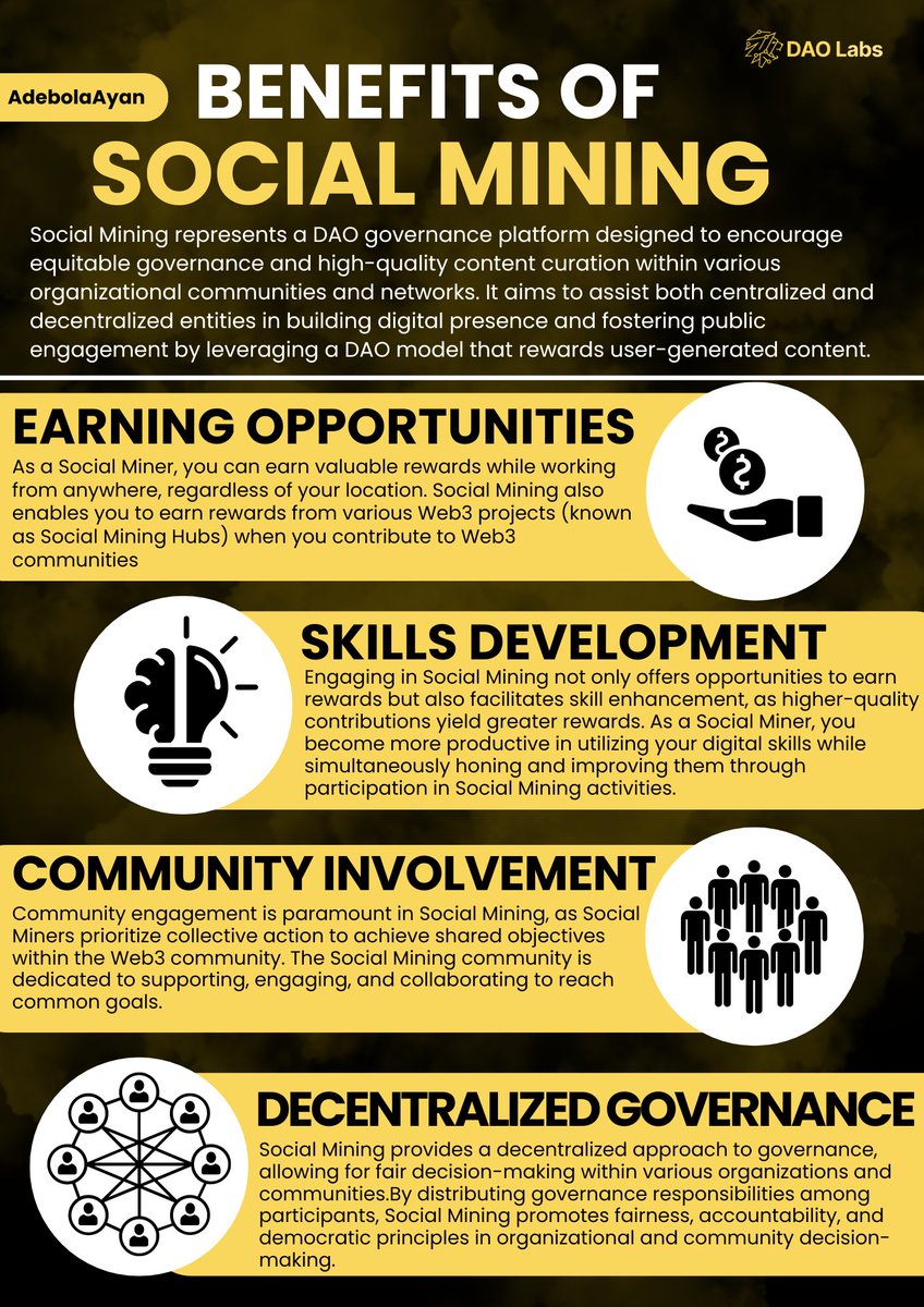 Embrace the Future with #SocialMining! Earn rewards while contributing to #Web3 communities. Whether you're a content creator or a #Web3 enthusiast, #SocialMining offers exciting opportunities for everyone to get involved and be rewarded for their efforts.
#DAOVERSE #DAOLabs #ILO