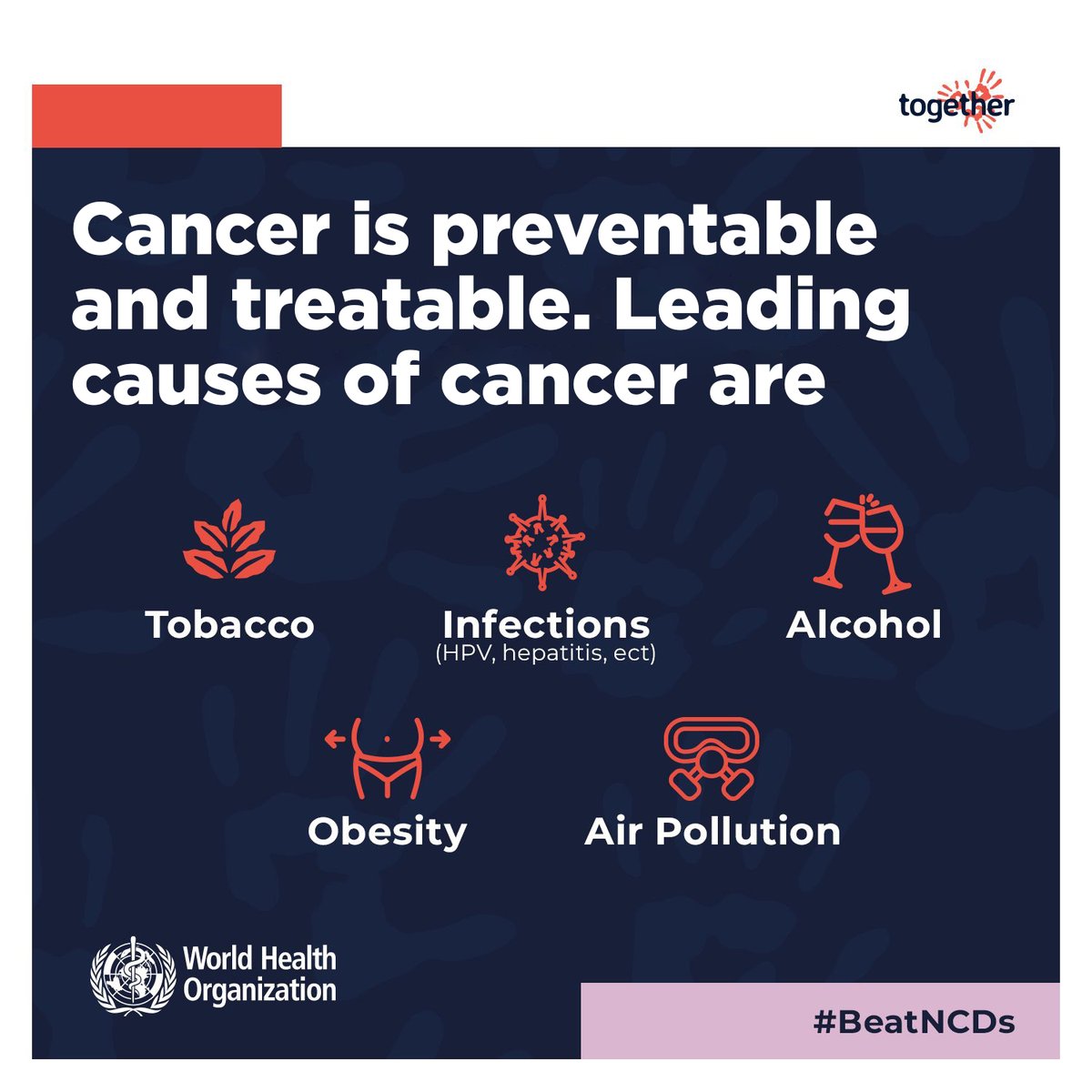 #Cancer risk factors include: 🔴 Tobacco use 🔴 Being overweight or obese 🔴 Unhealthy diet 🔴 Lack of physical activity 🔴 Alcohol use 🔴 Sexually transmitted HPV-infection 🔴 Urban air pollution Let's beat cancer!