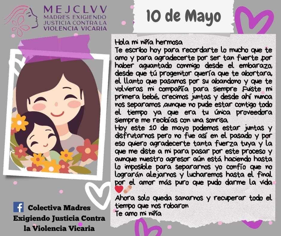 C_MEJCLVVicaria's tweet photo. #10DeMayo 

Abrazamos fuertemente a nuestras hermanas que viven y han vivido #ViolenciaVicaria sabemos que cada día separadas de sus hijas e hijos es inmensamente doloroso y más aún en este día 💔 

Deseamos que la #Justicia llegue pronto para sus hijas e hijos y ustedes👩‍👧‍👦❤️ https://t.co/YwuHTQzb4T