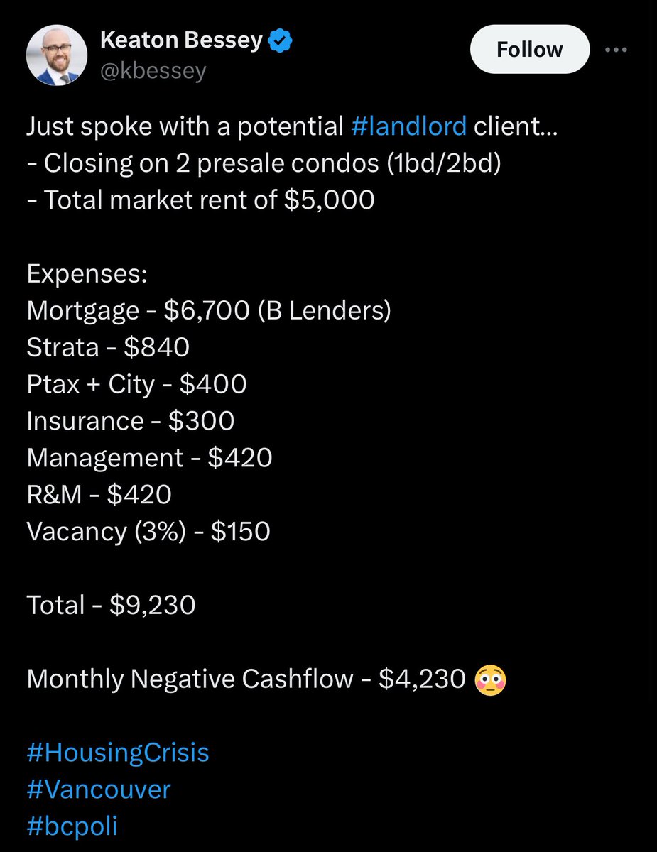 Poor #Vancouver landlords unable to turn a positive cashflow on brand new condos is the REAL housing crisis! 😭 What kind of city have we become when landlording is no longer cashflow positive on new homes as soon as they’re built?!? 😭 Do something, government! 😡