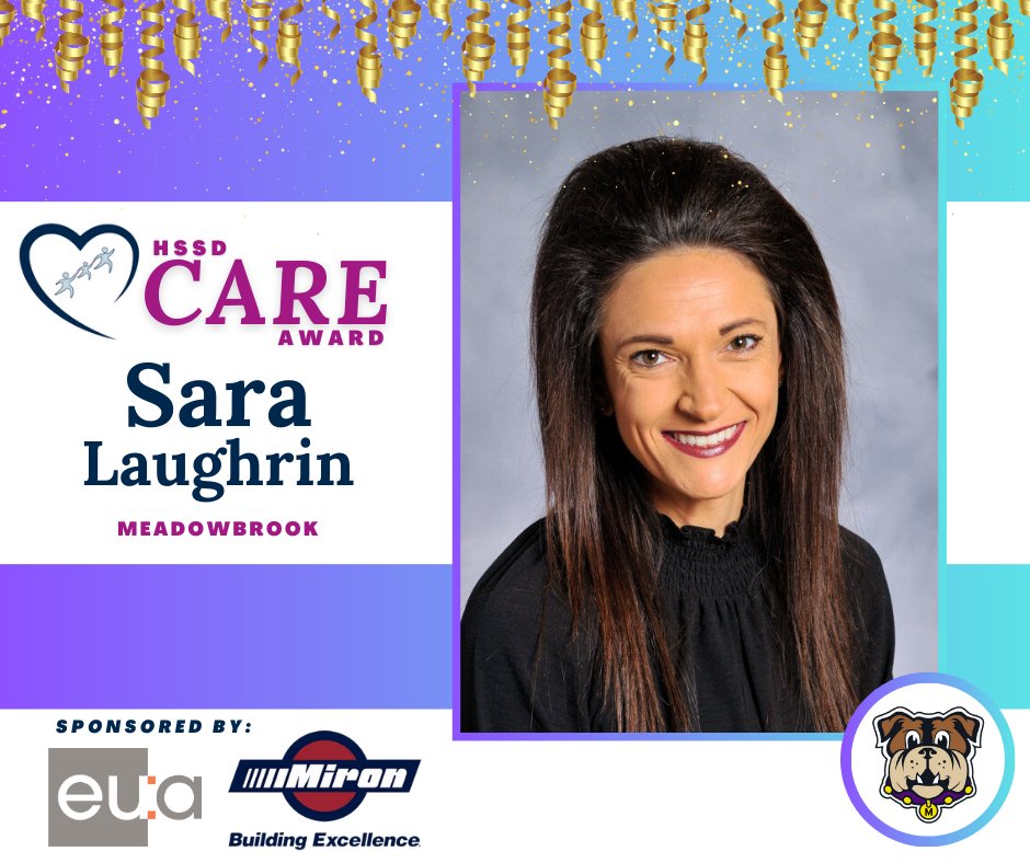 Sara Laughrin, School Counselor, is the HSSD CARE Award recipient for Meadowbrook Elementary School! ✨We are grateful for Sara’s dedication to her school, her students, and the District. Many thanks to @eua and @MironConstruct for co-sponsoring this award. 💜