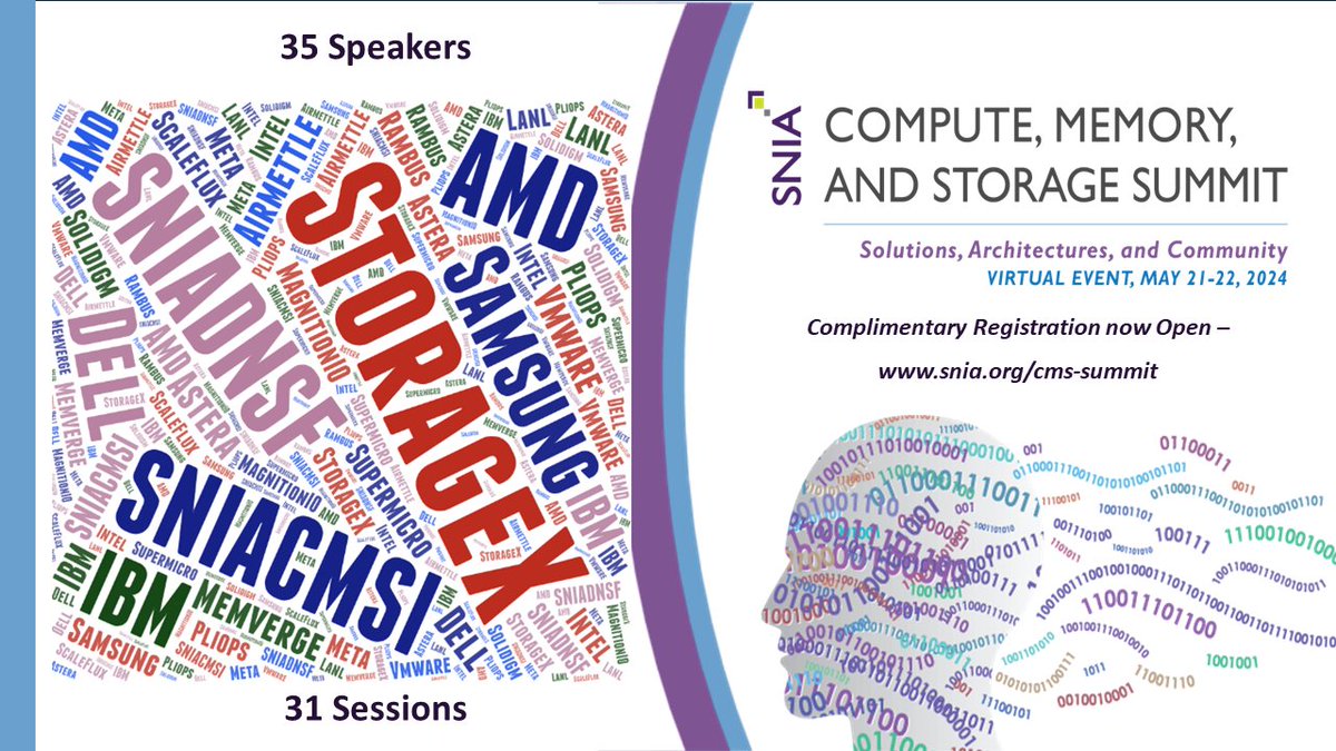 35 speakers in 31 sessions on #AI, #HPC, #hyperscale data centers, #memory, #computational storage, industry #standards, #security, and much more at the SNIA Compute, Memory, and Storage Summit - virtual on May 21-22. Learn more and register for free at snia.org/cms-summit