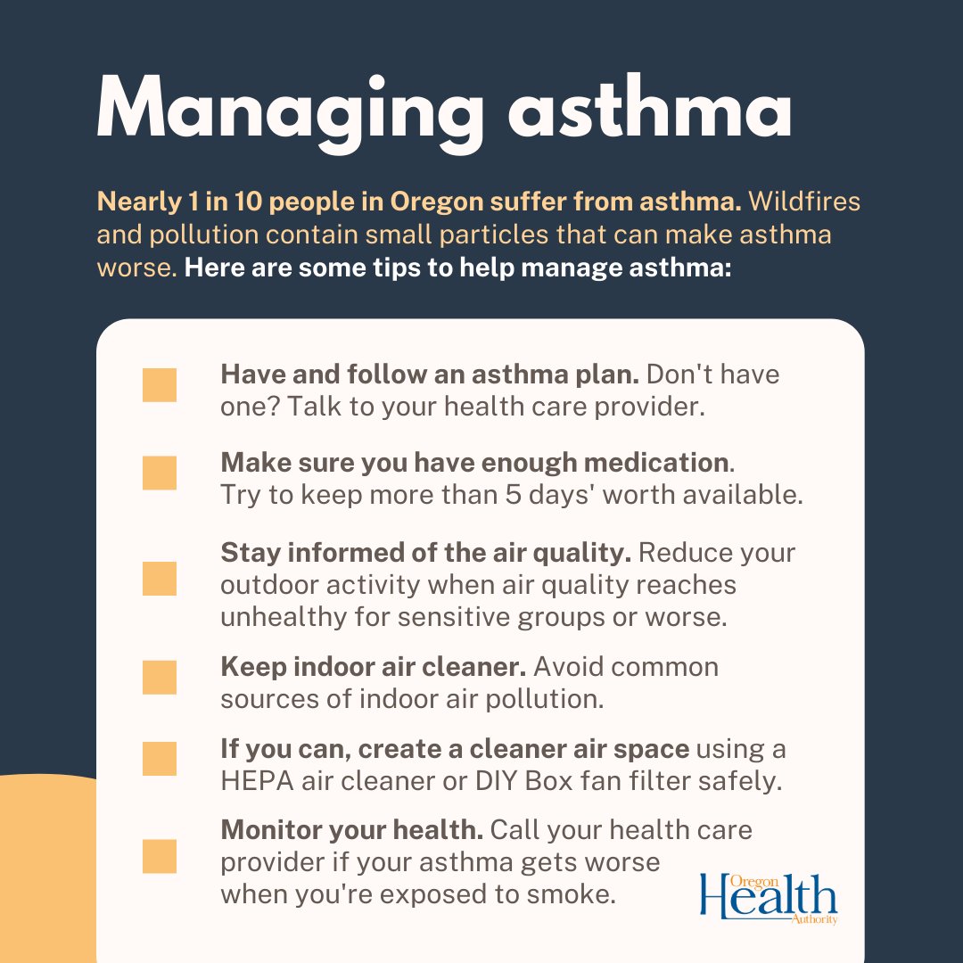 Air quality awareness week: Roughly 1 out of 10 people in Oregon suffer from asthma. Wildfires and pollution contain small particles that can make asthma worse. Here are some tips to help manage asthma.