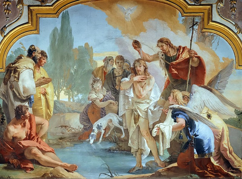 The Baptism of Christ by Giovanni Battista Tiepolo
Date: c. 1760

An artwork illustrating the baptism of Jesus by John the Baptist in the River Jordan.