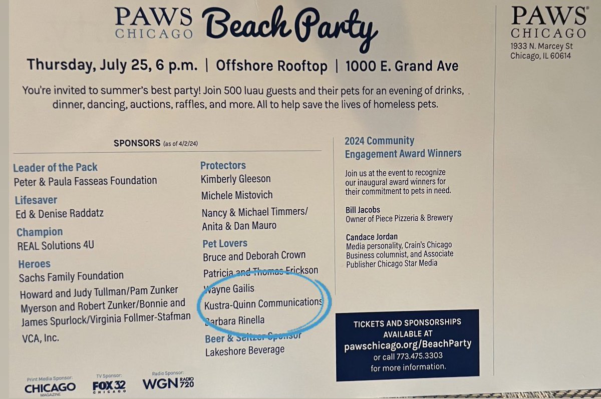 jenkquinn's tweet photo. Kustra-Quinn Communications is once again proud to be a sponsor of @PAWSChicago Beach Party at Offshore Rooftop on 7/25. One of the best nights of the summer! Support PAWS’ lifesaving work. Bring your dogs—they’ll get the royal treatment! Tickets: https://t.co/L11oyovlxb https://t.co/T5saermJgs