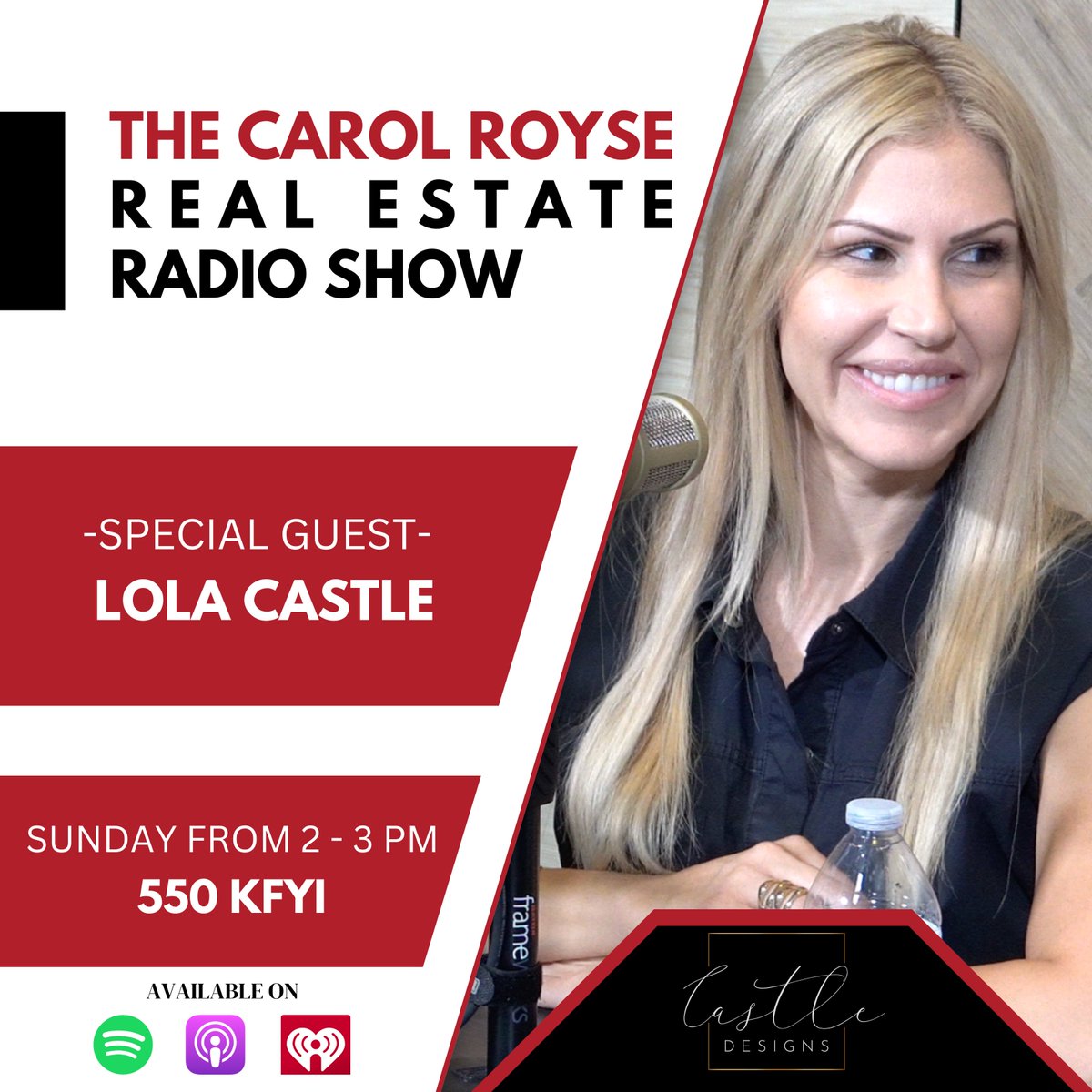 Vikki and Josh are joined by Lola Castle of Castle Designs. Lola Castle is an expert in home staging and interior design and brings insight to this must listen show! Tune into 550 KFYI from 2 to 3 PM this Sunday! #CarolRoyse #RadioShow #Podcast #InteriorDesign #HomeStaging